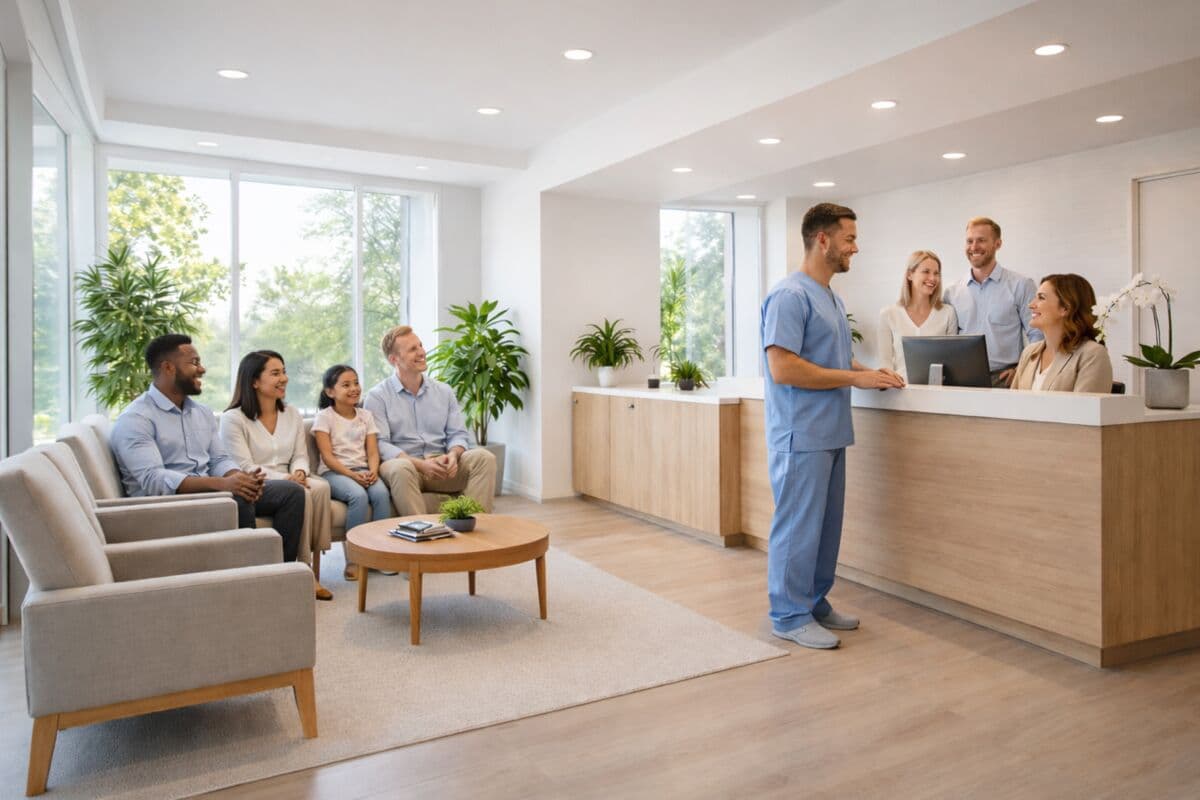 Bright modern healthcare reception area with staff and patients