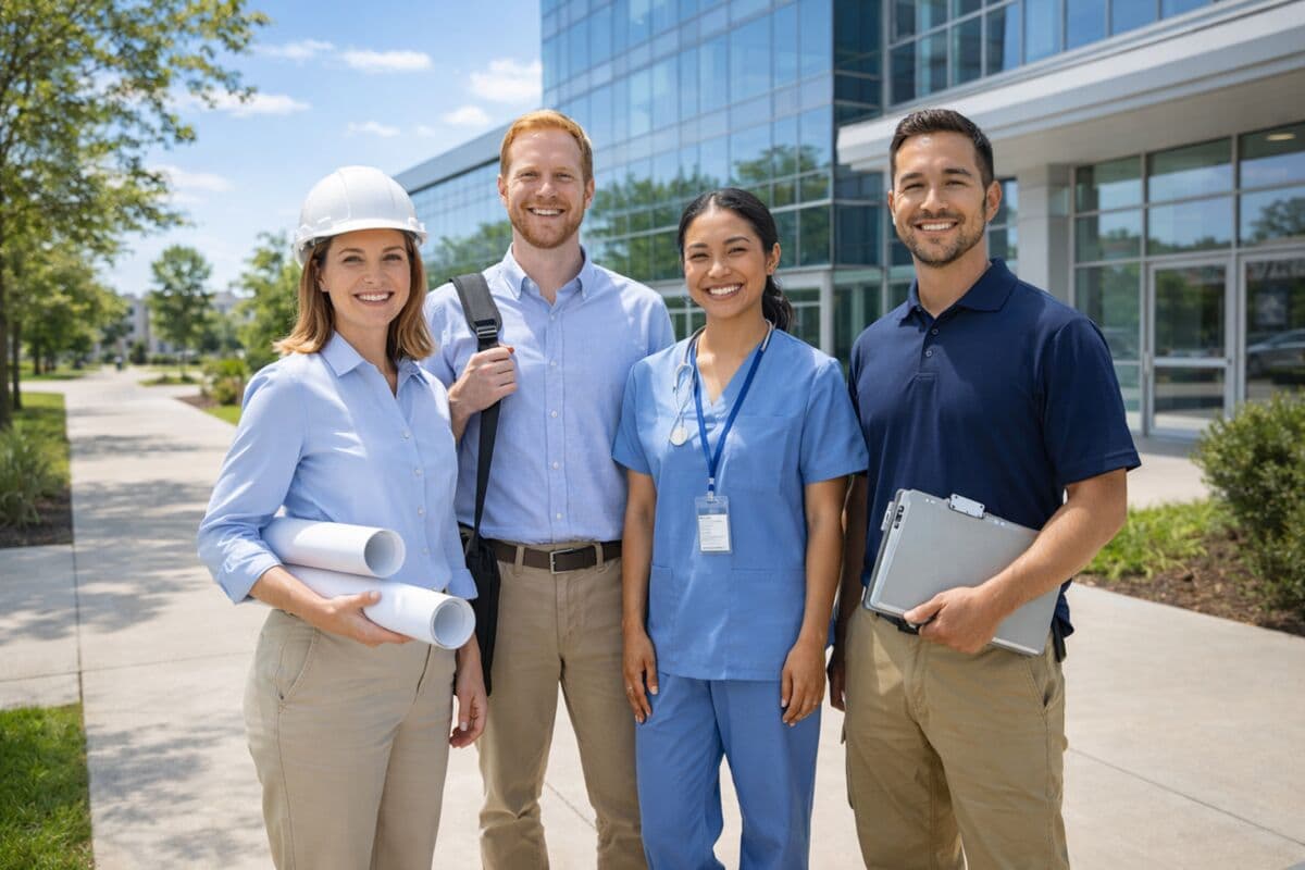 Diverse group of professionals including engineers, healthcare workers, and business owners