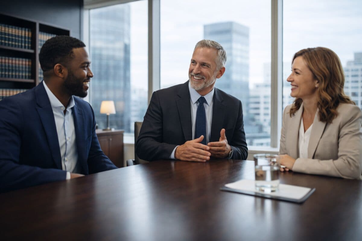 Professional attorneys in a modern law office conference room