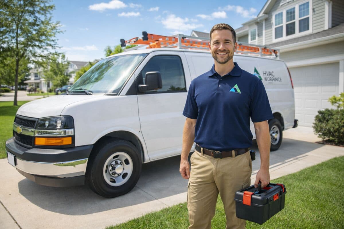 Professional HVAC technician with branded service van in residential neighborhood